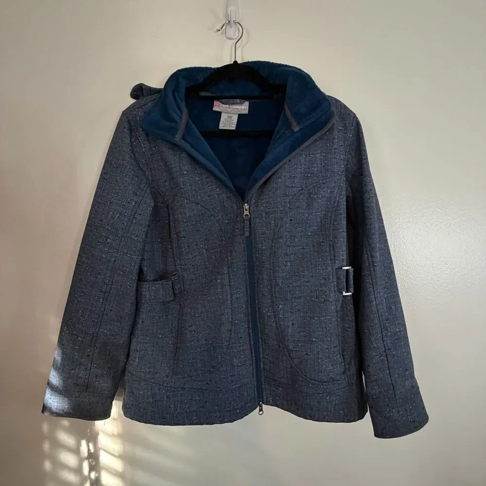 Free Country Coat Soft Shell Denim Look Size Large Blue Faux Fur Detachable Hood